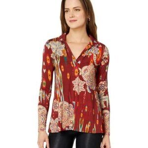 Johnny Was Feather Long Sleeve Swing Polo Top, Red print, size Small NWT